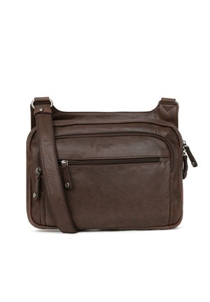 Borsa a tracolla in pelle marrone con più scomparti con zip, superficie texturizzata, tracolla regolabile e logo del marchio impresso.