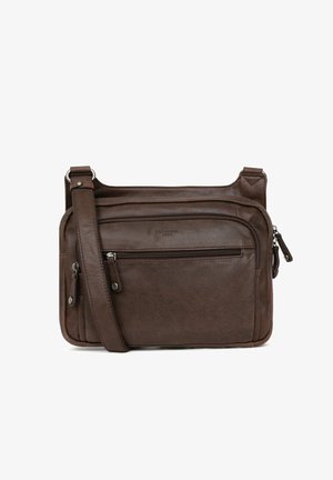 Borsa a tracolla in pelle marrone con più scomparti con zip, superficie texturizzata, tracolla regolabile e logo del marchio impresso.