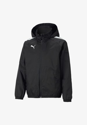 Giacca sportiva nera con cappuccio, realizzata in materiale leggero. Presenta polsini elasticizzati, tasche laterali e dettagli del logo bianco su petto e spalle.