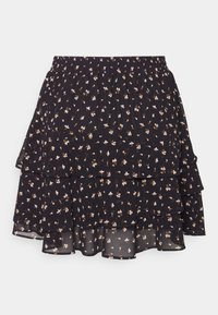 Zwarte, gelaagde skort van lichtgewicht materiaal, met een bloemmotief in witte en tan tinten. Elastische tailleband voor comfort.