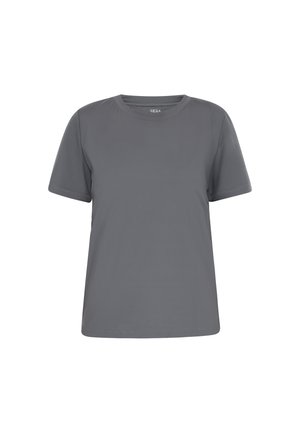 Szary t-shirt z krótkim rękawem i okrągłym dekoltem, pokazany na jednolitym białym tle.