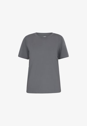 Szary t-shirt z krótkim rękawem i okrągłym dekoltem, pokazany na jednolitym białym tle.
