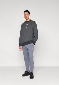 Hanorac gri cu logo auriu și accente negre, asortat cu pantaloni de trening gri cu dungi albe și logo Adidas, purtat cu pantofi negri.