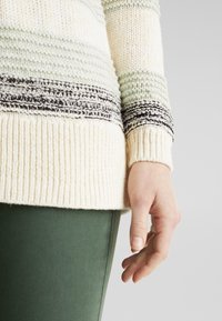 Pull en maille avec des rayures horizontales en crème, vert et noir. Présente des poignets et un ourlet côtelés. Main reposant sur un pantalon vert.
