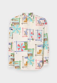 Lühikeste varrukatega nööpidega särk kergest materjalist, millel on värvikas ranna stseen, kus on ettekandepinkide, toolide ja päikesepuhkajatena.