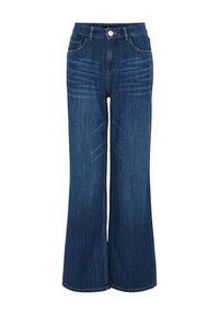 Jeans en denim bleu à jambes larges avec une taille haute, comportant cinq poches, une fermeture à bouton, et un léger effet de décoloration sur le devant.