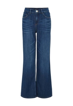 Brede spijkerbroek van blauw denim met een hoge taille, voorzien van vijf zakken, een knoopsluiting en subtiele wassing aan de voorkant.