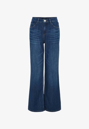 Brede spijkerbroek van blauw denim met een hoge taille, voorzien van vijf zakken, een knoopsluiting en subtiele wassing aan de voorkant.