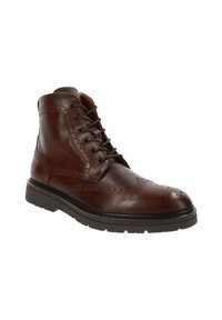 Stivaletto in pelle marrone con dettagli perforati, punta tonda, design con lacci e suola in gomma robusta. Finitura liscia con cuciture a contrasto.
