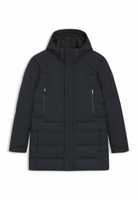 Black puffer jacket with a hood, featuring a front zipper, two zippered chest pockets, and two large front flap pockets. Smooth fabric, quilted design.