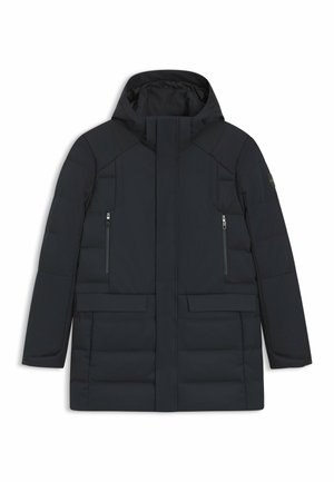 Black puffer jacket with a hood, featuring a front zipper, two zippered chest pockets, and two large front flap pockets. Smooth fabric, quilted design.