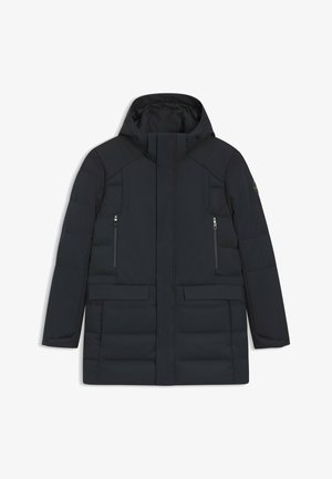 Schwarze Daunenjacke mit Kapuze, ausgestattet mit einem Frontreißverschluss, zwei mit Reißverschluss gesicherten Brusttaschen und zwei großen Fronttaschen mit Klappe. Glatter Stoff, gesteppter Design.