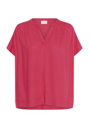 Roza lanena majica s kratkimi rokavi in V-izrezom, nagubanimi detajli na ramenih in ravnim robom. Lahka tkanina z mehko teksturo.