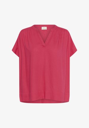 Roza lanena majica s kratkimi rokavi in V-izrezom, nagubanimi detajli na ramenih in ravnim robom. Lahka tkanina z mehko teksturo.