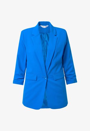 Helderblauwe damesblazer met lange mouwen, enkele knoopsluiting, gelapte revers en twee voorste klepzakken.