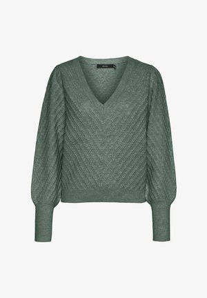 Pull-over en tricot vert avec un col en V, présentant un motif en zigzag et des manches ballon. Le tissu texturé ajoute de l'intérêt visuel.