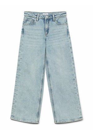 Lyseblå, vide denimjeans med for- og baglommer, bæltestropper, knaplukning og lynlås.