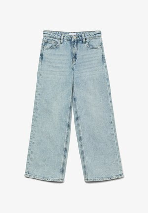 Hellblaue Jeans mit weitem Bein, vorne und hinten Taschen, Gürtelschlaufen, Knopfverschluss und Reißverschluss.