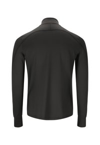 Schwarzes Langarmshirt mit hohem Kragen, das eine glatte Textur und abgerundete Nähte aufweist, entworfen für eine taillierte Silhouette.