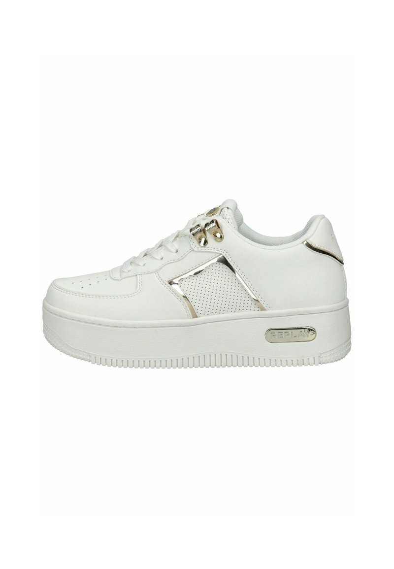 White low-top sneaker with thick sole, perforated side panel, gold-tone eyelets, and "Replay" logo on the sole’s outer side.