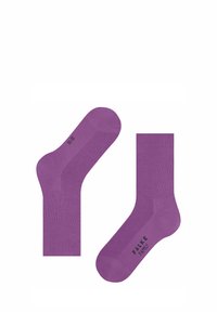 Chaussettes en coton violet avec une texture côtelée, présentant des zones de pointe et de talon renforcées. La marque "FALKE FAMILY" est visible en noir sur le côté.