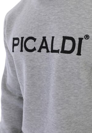 Grauer Pullover mit dem Aufdruck "PICALDI" in fetter schwarzer Stickerei. Weicher Stoff mit Rundhalsausschnitt und lässiger Passform.