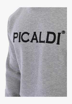 Grauer Pullover mit dem Aufdruck "PICALDI" in fetter schwarzer Stickerei. Weicher Stoff mit Rundhalsausschnitt und lässiger Passform.