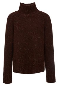 Brun stickad tröja med hög krage, med ett strukturerat mönster och inslag av ljusa färger i hela plagget. Ribbad ärm och nederkant.