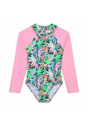 Einteiliger Badeanzug mit langen Ärmeln in Pink und einem farbenfrohen tropischen Blattmuster an Torso und Kragen, ausgestattet mit einem Reißverschluss vorne.