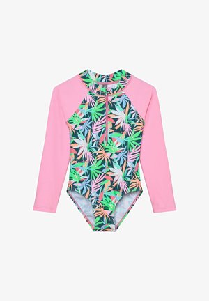 Einteiliger Badeanzug mit langen Ärmeln in Pink und einem farbenfrohen tropischen Blattmuster an Torso und Kragen, ausgestattet mit einem Reißverschluss vorne.