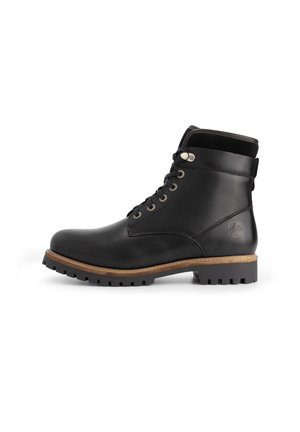 Zwarte leren enkelboots met zilveren hardware, vetersluiting, rubberen zool en een contrasterende bruine tussenzool. Geverfde afwerking met een verdiept logo.