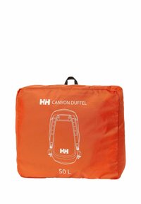 Sac de voyage orange 50L avec ferrures et sangles noires ; face avant présentant un dessin en ligne blanc du design du sac et le logo de la marque "HH Canyon Duffle".