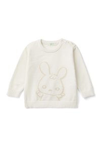 Sweter z dzianiny w kolorze kremowym z teksturowanym wzorem króliczka na przodzie. Okrągły dekolt ma guziki ozdobne na jednym ramieniu.
