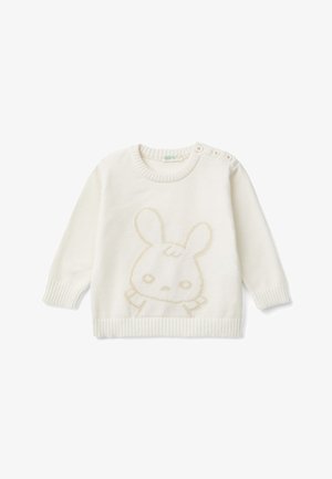 Maglione a maglia color crema con un design testurizzato a forma di coniglio sulla parte anteriore. Il collo rotondo presenta bottoni decorativi su una spalla.