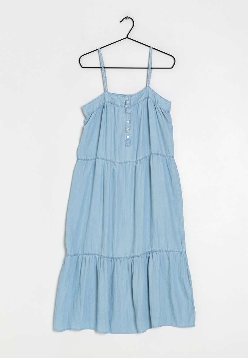 Vaaleansininen farkkumekko, jossa on säädettävät nauhat, napitus edessä ja kerroksellinen helma. Materiaali on pehmeä ja sileä.