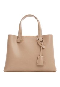 Borsa a mano in pelle marrone chiaro con due manici robusti, forma rettangolare piatta, un accento annodato e un'etichetta piccola attaccata. Texture liscia.