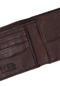 Brown leather wallet with multiple card slots, a single pocket, textured surface, and RFID protection. Stitched detailing alongside.
