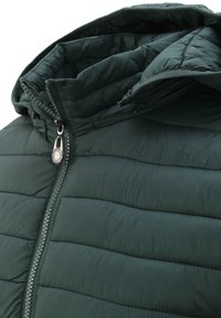 Giacca a vento verde scuro con zip frontale, texture trapuntata e cappuccio regolabile. Il tessuto sembra leggero e isolante.