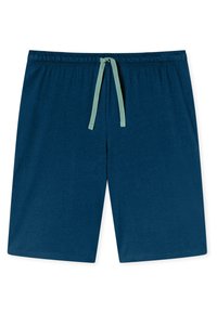 Dunkelblaue Baumwollshorts mit einem elastischen Bund und hellgrüßer Kordel. Glatte Textur mit geraden Beinen und ohne zusätzliche Details.