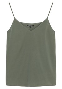 Olive green sleeveless top with a V-neck, thin straps, and a relaxed fit. Smooth fabric with no visible patterns or accents.