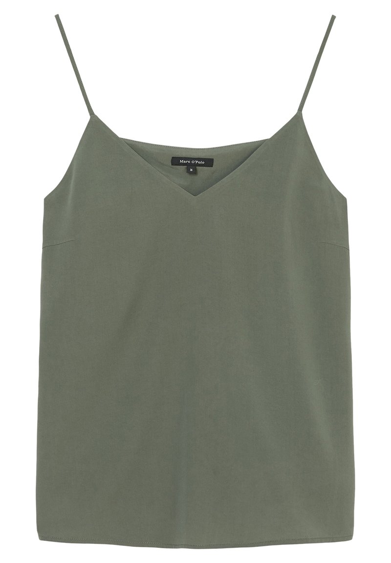 Olive green sleeveless top with a V-neck, thin straps, and a relaxed fit. Smooth fabric with no visible patterns or accents.
