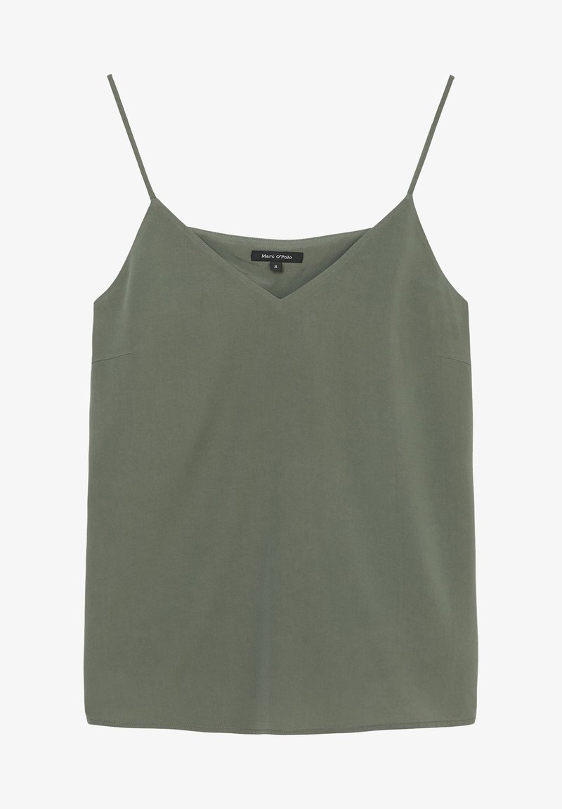 Oliivinvihreä hihaton paita, jossa on V-aukko, ohuet hihnat ja rento istuvuus. Sileä kangas ilman näkyviä kuvioita tai yksityiskohtia.