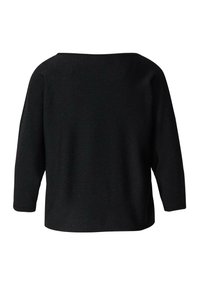 Czarny top o luźnym kroju, szerokim dekolcie i rękawach do połowy ramienia. Wykonany z teksturowanej tkaniny o delikatnym połysku.