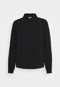 Camicia nera con bottoni, caratterizzata da un collo rotondo, maniche lunghe con polsini abbottonati e una texture liscia. Nessun motivo o dettaglio visibile.