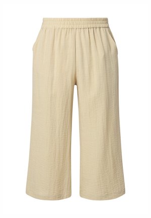 Beigenväriset leveälahkeiset lyhyet housut, joissa on joustava vyötärönauha ja sivutaskut, valmistettu kevyestä teksturoidusta kankaasta.