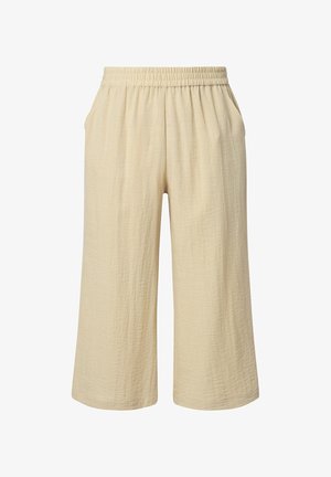 Beige cropped bukser med vidde ben, elastisk talje og sidelommer, lavet af let tekstureret stof.