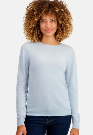 Hellblaues Sweatshirt aus weichem Stoff, mit langen Ärmeln, rundem Ausschnitt und gerippten Bündchen und Saum. Trägt man zu dunklen Jeans.