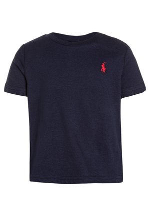 T-shirt bleu marine à manches courtes pour tout-petit avec col rond et petit logo brodé rouge de joueur de polo sur le côté gauche de la poitrine.