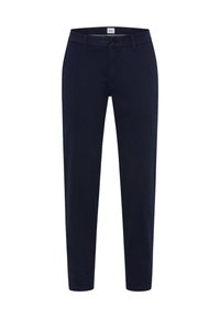 Marineblaue Hose aus Baumwolle mit schmaler Passform, ausgestattet mit einem Knopfverschluss und klassischer Fünf-Taschen-Stil.
