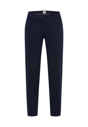 Navy blue trousers made of cotton with a slim fit design, featuring a button closure and standard five-pocket styling.